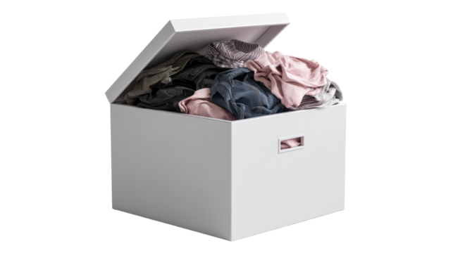 Laundry box filled with assorted clothes at home
