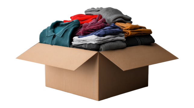 Clothes packed in a cardboard box ready for donation or storage