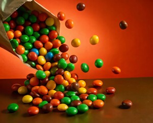 Obraz premium Aerial view of colorful candy spilling from packet on pastel background - playful sweet treats photography