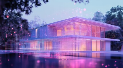 Digital hologram of a building's complex network infrastructure with floating data points, representing connectivity.