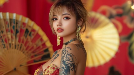 Full Body Portrait of an Asian Woman with Short Hair and Bold Tattoos in a Side Profile View