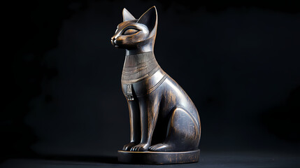 Bastet statue. egyptian cat goddess in wood. isolated black background. ancient sculpture. Heavenforged Relic. Illustration