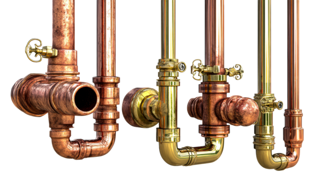 Pipes and valves in various materials against a transparent background