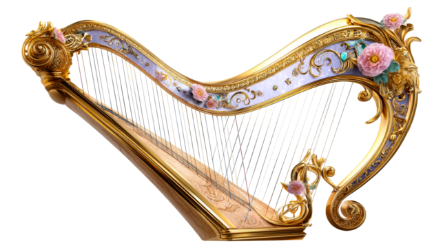 Gold harp with floral designs on a clear background - Powered by Adobe