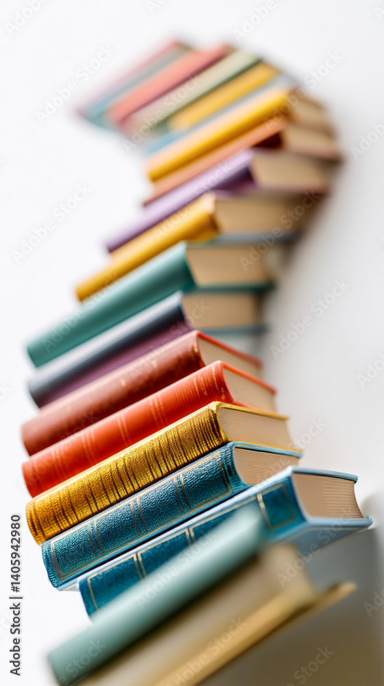 Poster stack of colorful books forming a curved line against white background, symbolizing knowledge, educa