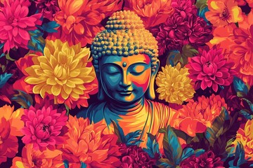 Colorful pop art Buddha radiates calm amidst vivid red, yellow, and orange flowers in a bold fusion of spirituality and modern design