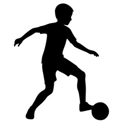  A boy playing soccer, kicking a ball silhouette isolated on white background