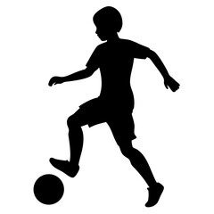  A boy playing soccer, kicking a ball silhouette isolated on white background