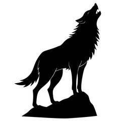 A fierce wolf standing on a rock, howling silhouette isolated on white background