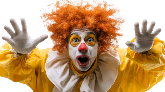 Clown with bright orange hair and yellow costume expressing surprise