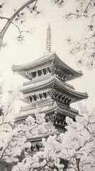 Pencil sketch of a multi-tiered Japanese pagoda framed by delicate cherry blossoms captures serene beauty and traditional architectural elegance
