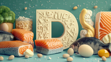 Medium shot of products 'oily fish (cod, salmon), eggs, fortified products' form a letter 'd', themed background. Fatecarved Inscription. Illustration
