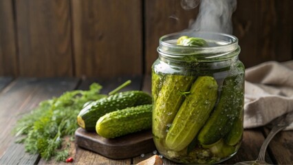 Steam rising from open jar of pickles on rustic wood table capturing freshness and flavor