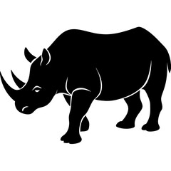 A strong rhino walking with its horn pointed forward silhouette isolated on white background