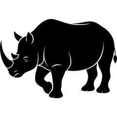 A strong rhino walking with its horn pointed forward silhouette isolated on white background