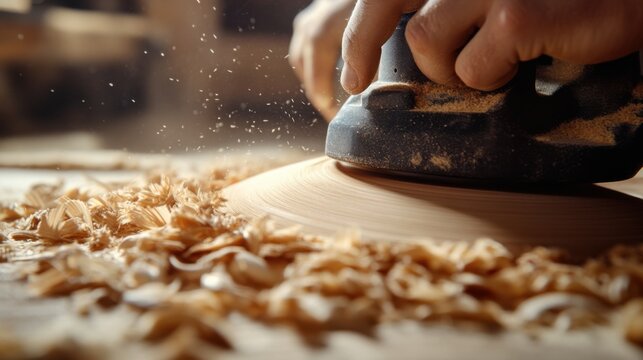 Carpenter sanding wood for a furniture project. Featuring woodworking and finishing techniques