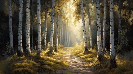 Obraz premium Quiet forest sanctuary delicate sunbeams filtering through tall graceful birches and a softly textured mossy floor creating an intimate vibe