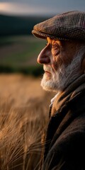 Elderly man gazing over golden wheat fields at sunset