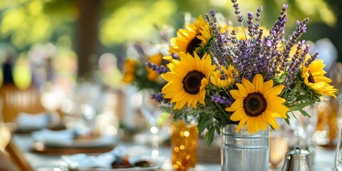 A beautiful arrangement of sunflowers and lavender in a rustic jar. Perfect for summer events or weddings. This image captures joy and warmth in a vibrant outdoor setting. AI