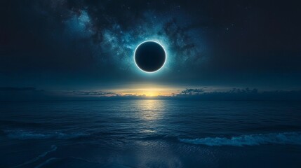 A dark eclipse over a serene ocean with a glowing ring and a starlit sky above the horizon line