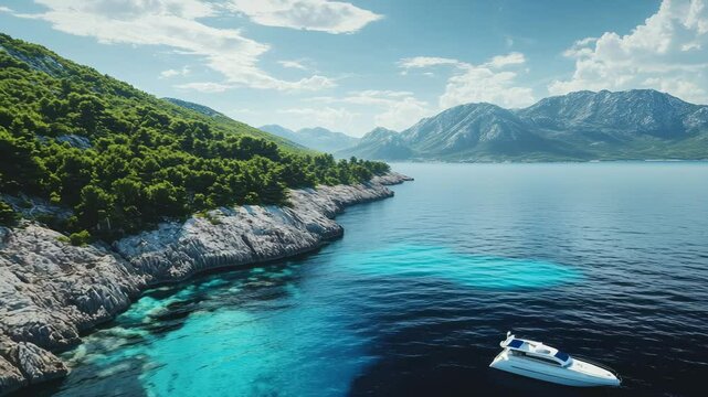 Crystal Coastline with Turquoise Waters and Luxurious Yacht. Sunny coastal landscape featuring a vibrant turquoise sea bordered by rocky cliffs and lush green forested hills.
