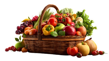 Vibrant fruit and vegetable basket on clear backdrop