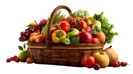 Vibrant fruit and vegetable basket on clear backdrop