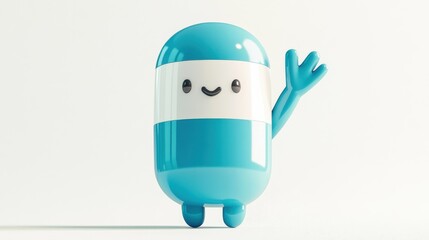 3D pill character waving hand, isolated on white. illustration