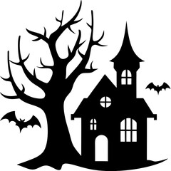 Halloween Horor house with dead tree, bat and Ghost silhouette vector isolated on white background