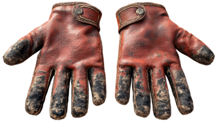 Worn red leather work gloves on a transparent background