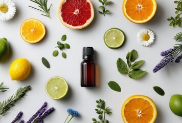 Essential oil promotes beautiful skin, as seen in a flat lay of beauty ingredients on a light background from a top view, representing a healthy lifestyle concept with copy space