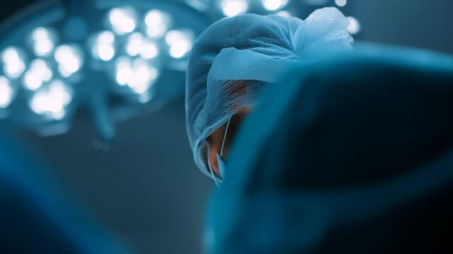 Close-up of a professional surgeon wearing a sterile gown and mask under bright surgical lights. The modern operating room glows with cool blue tones
