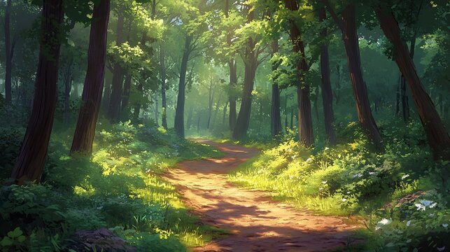 Quiet forest retreat featuring meandering dirt trail and soft sunlight cascading through leafy canopies evoking peaceful solitude and rustic charm