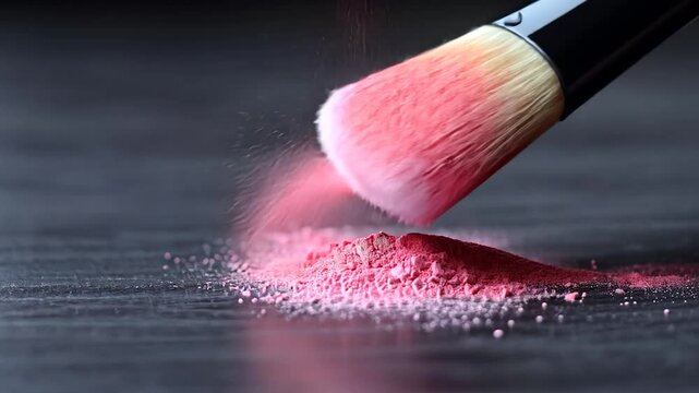 Close-up of a makeup brush applying pink powder on a dark surface, creating a vibrant effect