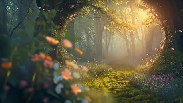 Serene Forest Path with Blooming Flowers