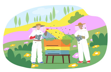 Apiculture farmers cartoon characters using bee smoker equipment for gathering honey scene