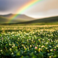 Fototapeta premium March St Patricks Day Shamrock Field Shamrock field under rainbow vibrant greengold contrast soft bokeh of distant hills aspect ratio whimsical Irish folklore vibe Image
