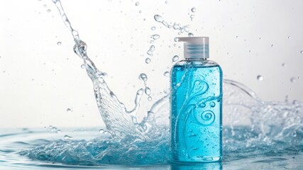 Dynamic water splashing around a shampoo bottle with swirling fragrance particles in a bright clean environment