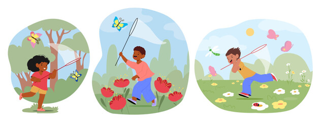 Fototapeta premium Overjoyed little kids cartoon characters holding net running fast trying to catch butterflies