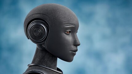 Feminine humanoid android with textured matte black face and curved metal headband facing sideways in calm posture under soft ambient blue background light