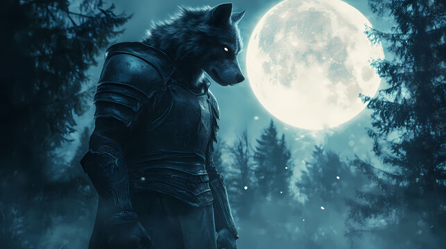 A fierce hybrid creature in armor stands under a full moon, embodying the myth of werewolves in a dark forest. Echoed Mythos. Illustration