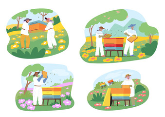 Professional beekeeper cartoon characters wearing protective uniform gathering honey at apiary
