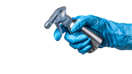 Cleaning spray bottle held by gloved hand on a transparent background