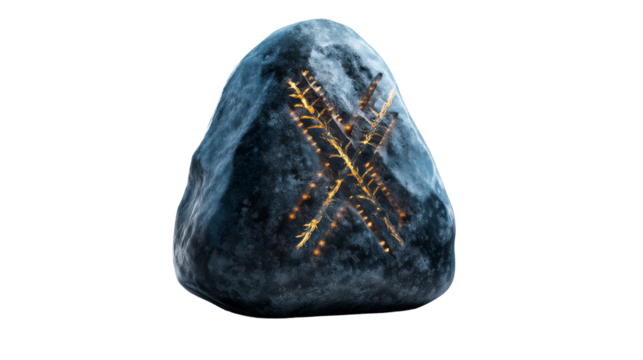 A unique rock features detailed carvings depicting leaves and branches