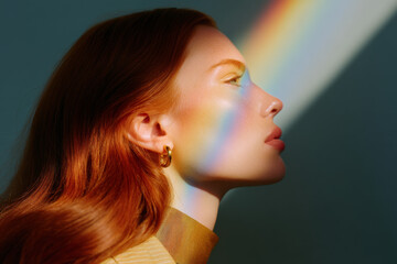 Freckled redhead woman bathed in rainbow light, radiant skin, clean beauty glow, Gen Z aesthetic, commercial skincare editorial for lgbtq+ pride campaign