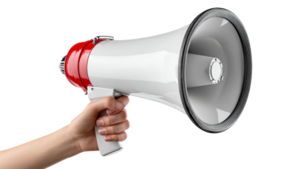 A hand firmly grips a megaphone with a sleek white and red design
