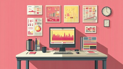Modern Minimalist Workspace with Data Visualization and Pink Wall