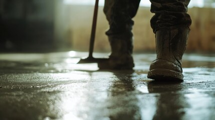 Concrete worker smoothing the surface of a freshly poured slab. Featuring concrete finishing and surface work