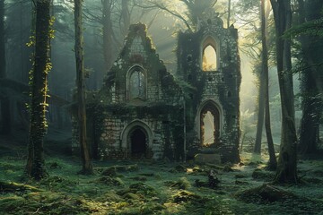 Overgrown forest ruins ivy clad ancient stone merging with nature as dappled sunlight filters through tall trees to evoke historical mystery