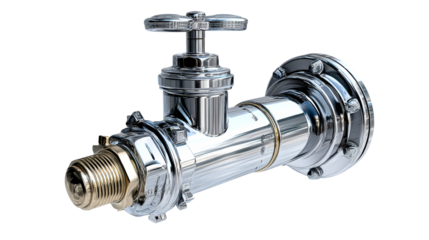 Modern chrome valve with polished finish and clear background